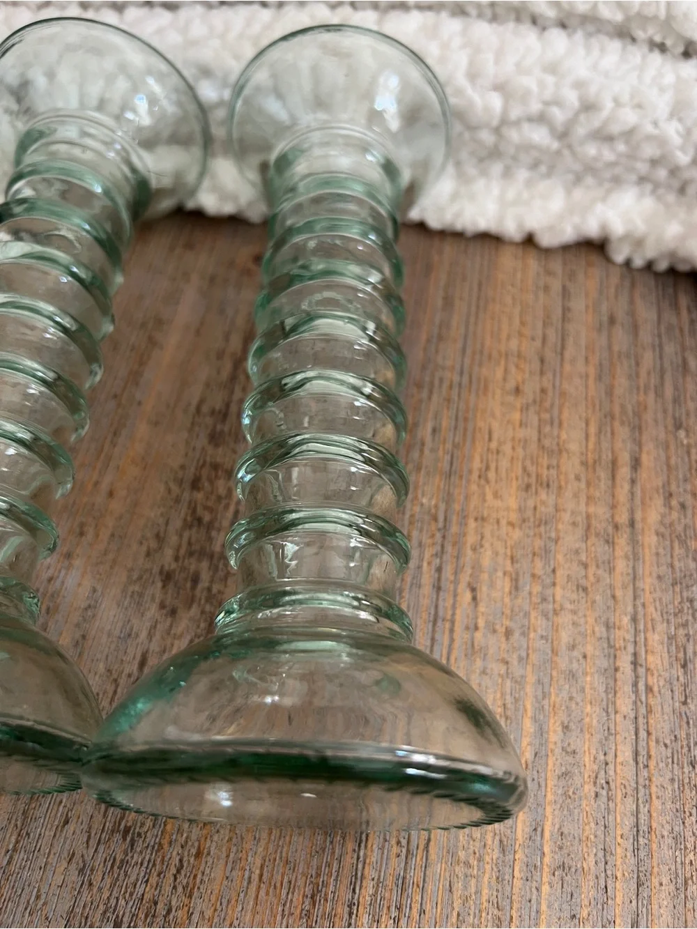 Set 2 Recycled Glass Ribbed Candlestick Holders Green/Blue Aqua 7.25”